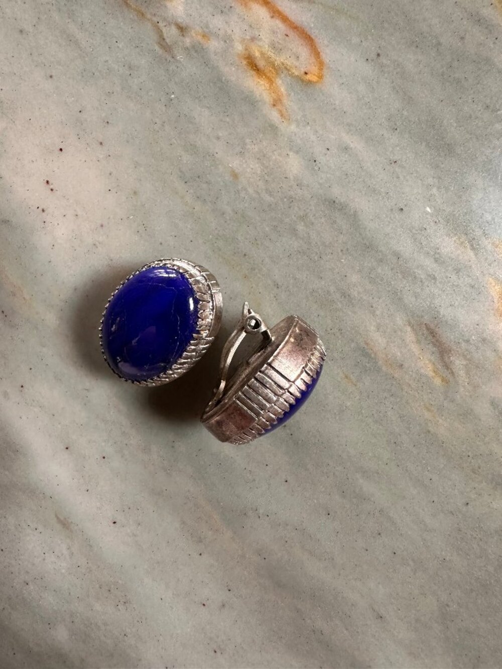 Vintage Blue Cabochon Clip-On Earrings Silver Tone Oval